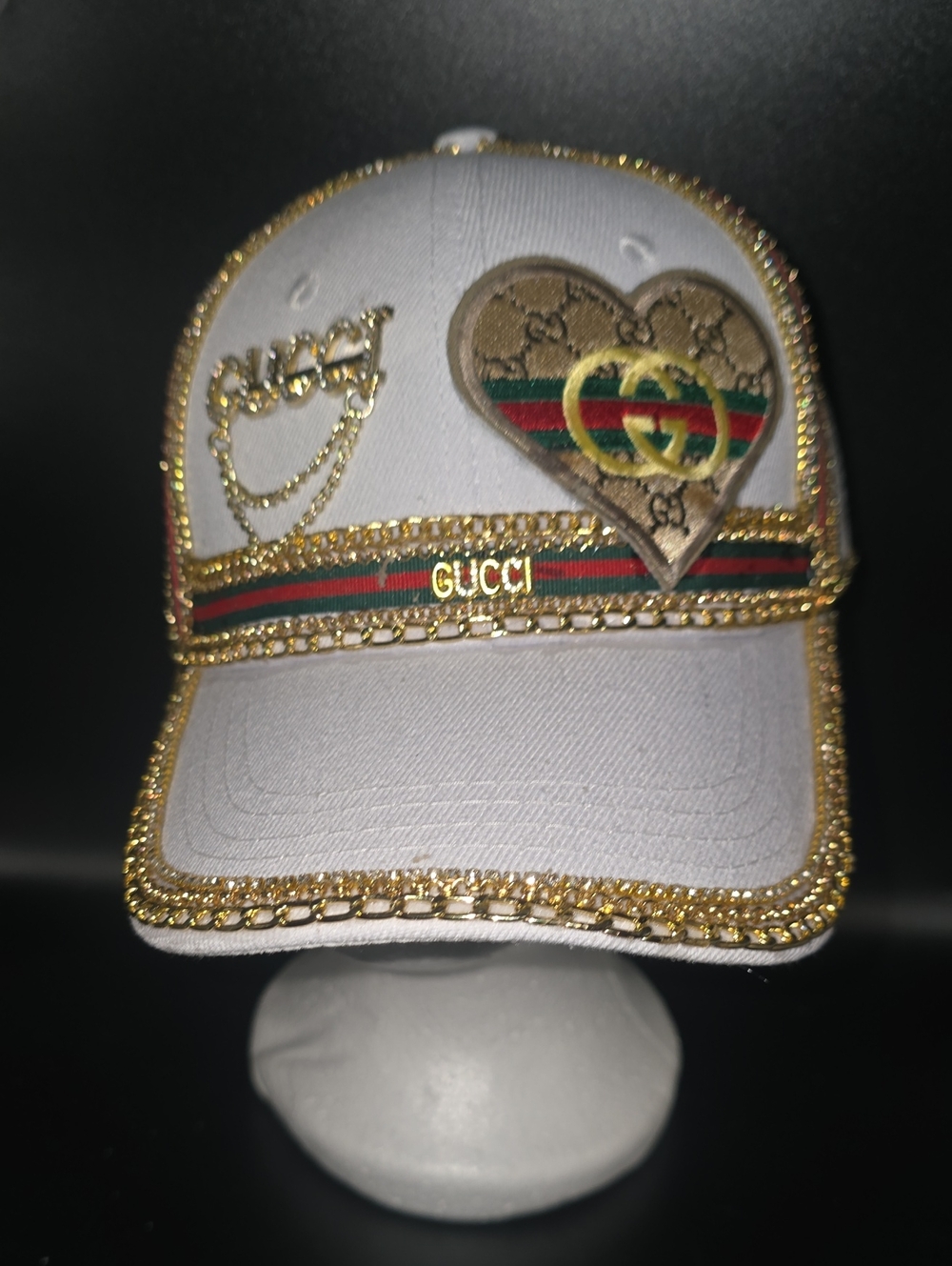 White Hat with Gold Chain Trim and Signature Web